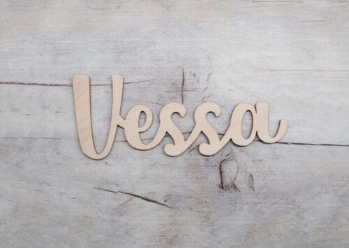 Koivuvanerinen vessa-ovikyltti harmaalla lankkutaustalla.