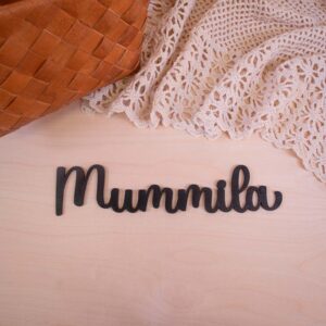 Musta puinen ovikyltti Mummila -tekstillä.